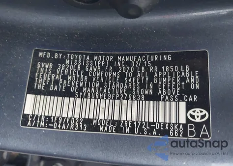 2015 Toyota Corolla S Plus из США, поврежденный, VIN 5YFBURHE9FP276838